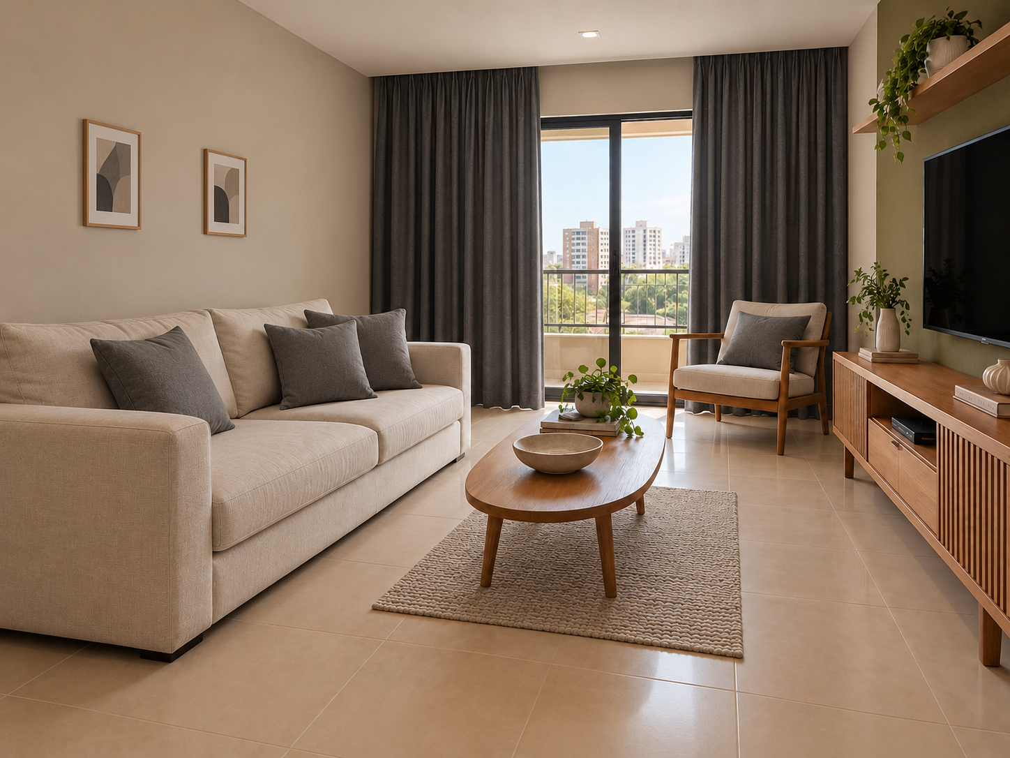 Sala antes: almofadas iguais, tapete pequeno, quadros pequenos e cortinas escuras.