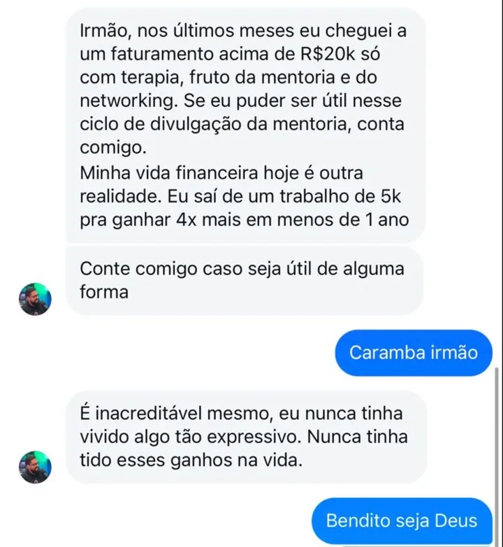 Depoimento por mensagem sobre resultados após a mentoria