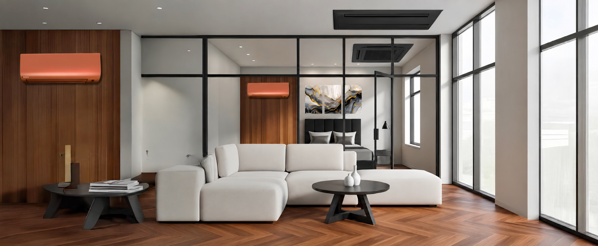Sala integrada ao quarto climatizada com evaporadoras Daikin cassete e hi-wall ligadas a uma única unidade externa
