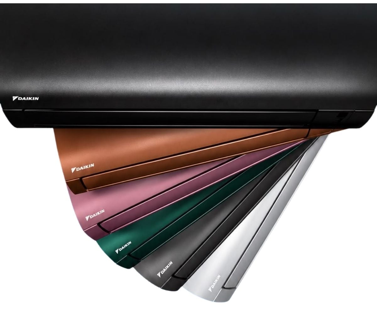 Evaporadoras Daikin nas cores preto, marrom cobre, rosa, verde metalizado, grafite e prata