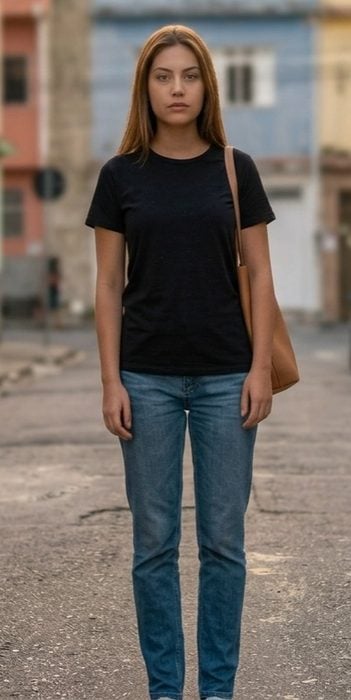 Mulher com calça jeans e blusa preta, o look seguro do dia a dia