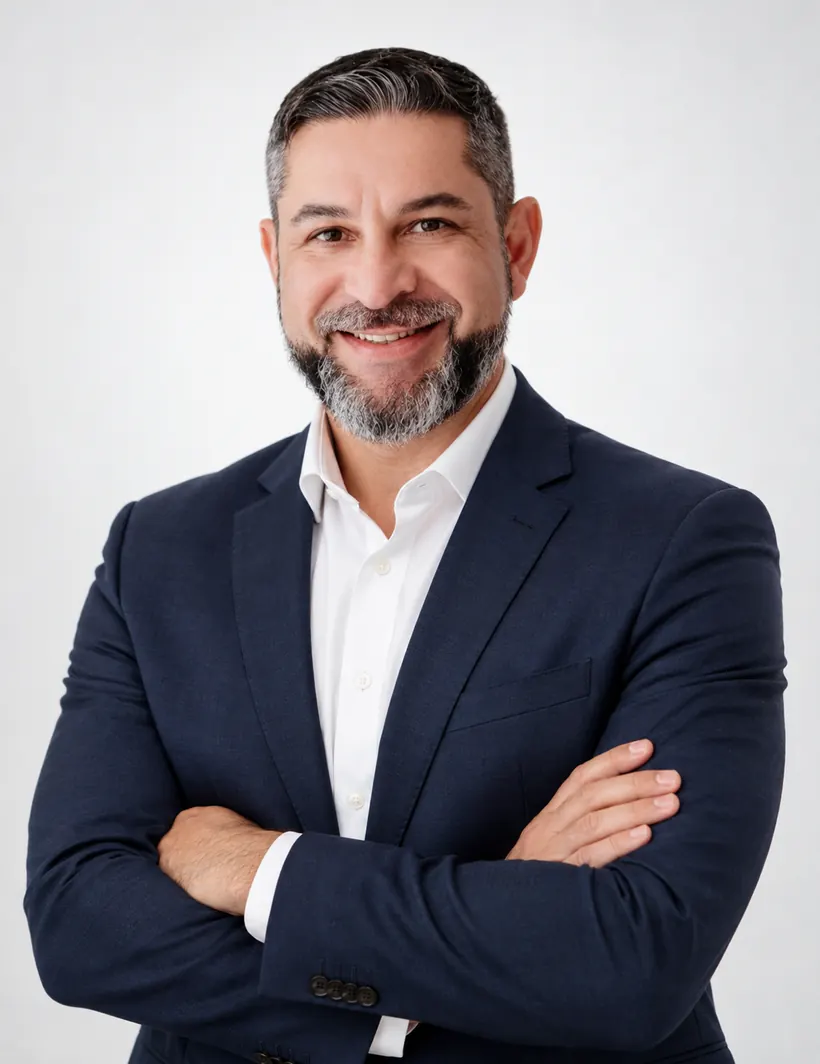 Prof. Me. Fábio Xavier, de terno azul-marinho, sorrindo com os braços cruzados