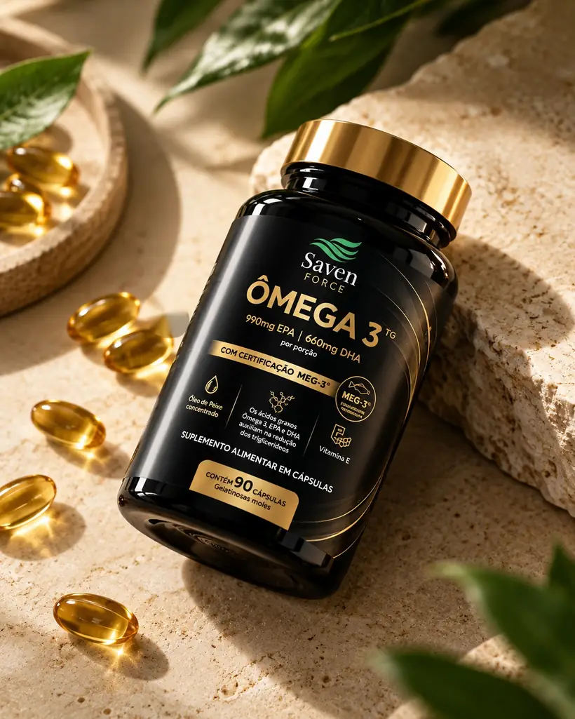 Frasco de Ômega 3 TG Saven Force inclinado em uma composição editorial com cápsulas douradas e luz natural