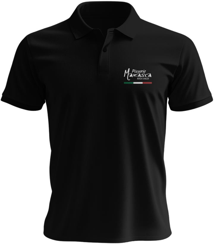 Camiseta polo preta da Pizzaria Marasca