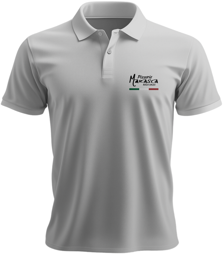 Camiseta polo branca da Pizzaria Marasca