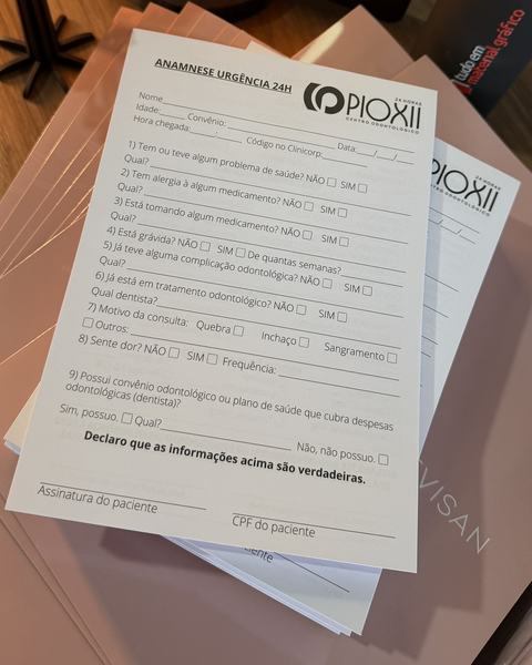 Ficha de anamnese impressa para centro odontológico