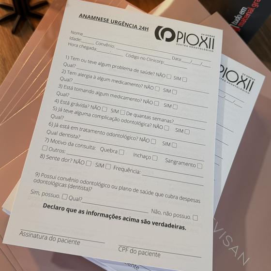 Ficha de anamnese impressa para centro odontológico