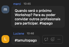 Print do chat do Zoom: participante pergunta quando será o próximo Workshop para convidar outros profissionais